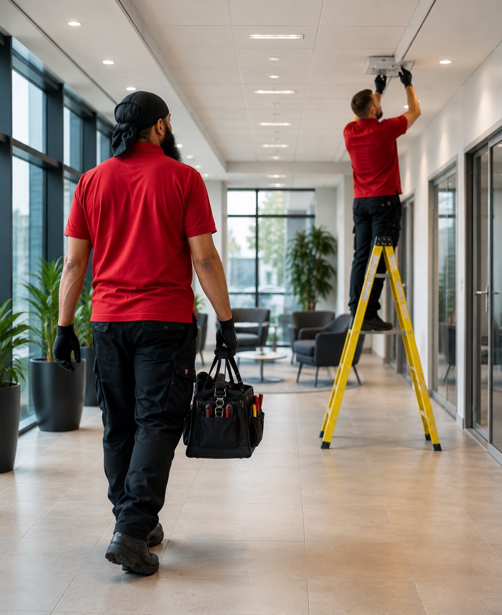 Two Riva Corporation engineers in branded red uniform working in a commercial office, one carrying a tool bag and one servicing a ceiling unit from a ladder