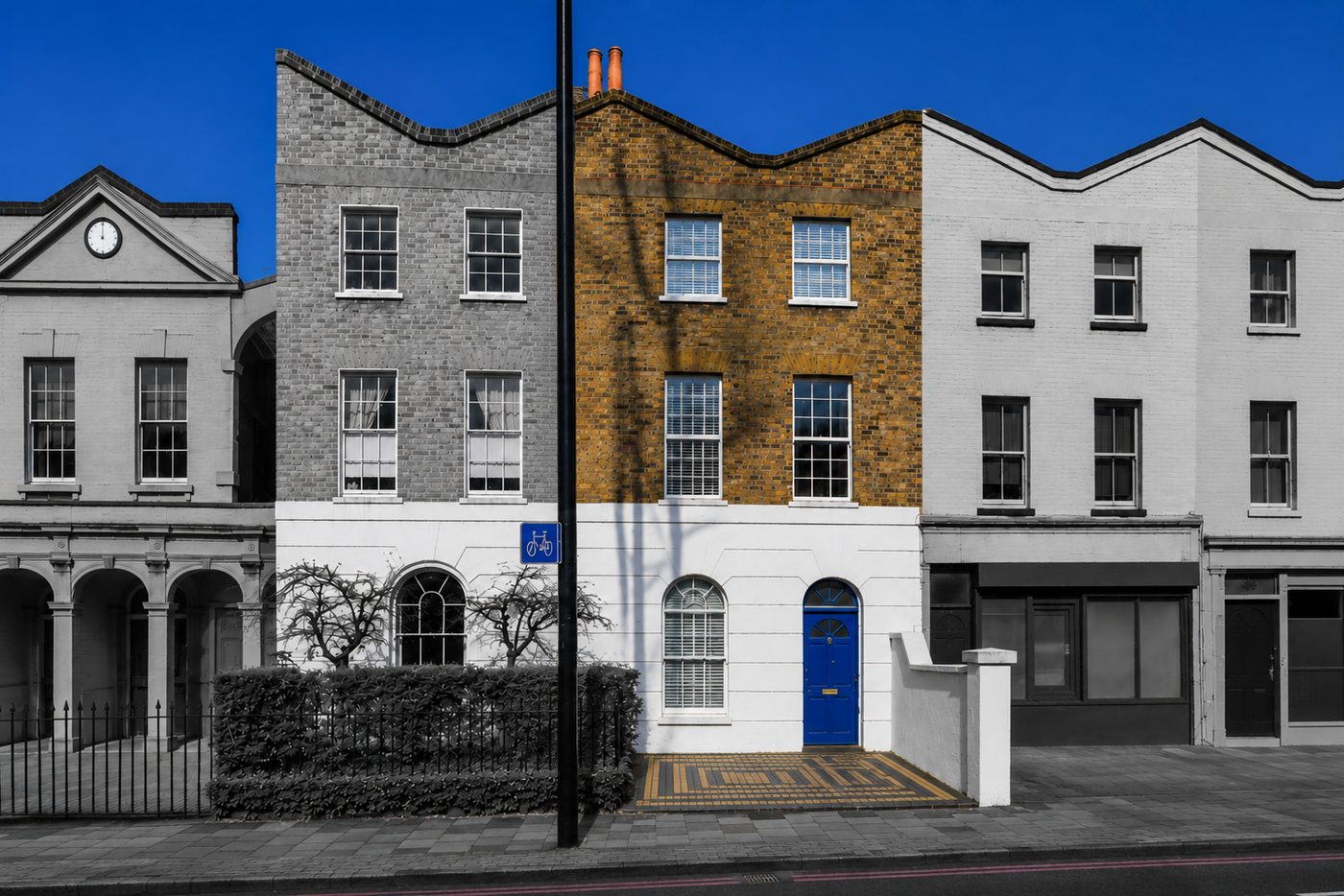Camberwell terraced house with a blue front door and tiled front path