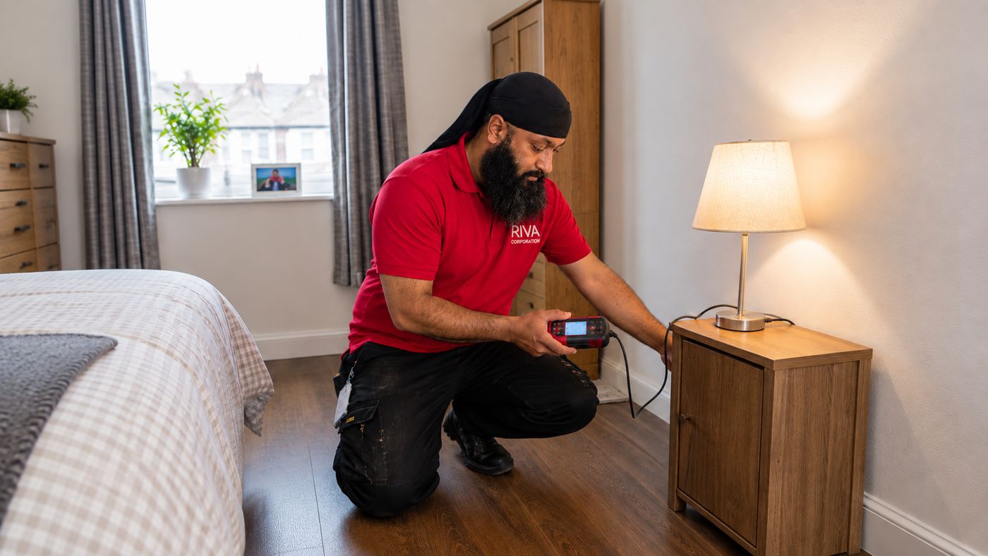 Riva Corporation engineer PAT testing a bedside lamp in a supported living bedroom