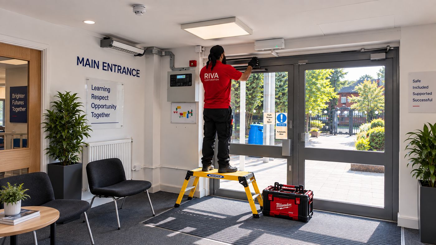Riva Corporation engineer adjusting the closer on a school main entrance door