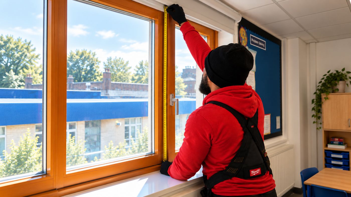 Riva Corporation engineer inspecting a timber-framed classroom window